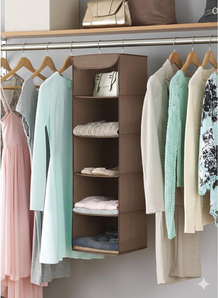 RollsTimi  5-Shelf Hanging Closet Organiser with Metal Frame & 6 Side Pockets - Brown (88.9cm Height) - Image 2